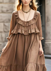 Elegant Brown U Neck Patchwork Ruffles Long Dress Summer