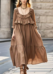 Elegant Brown U Neck Patchwork Ruffles Long Dress Summer