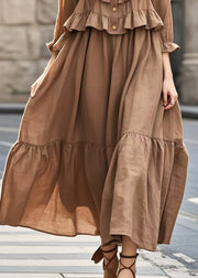 Elegant Brown U Neck Patchwork Ruffles Long Dress Summer