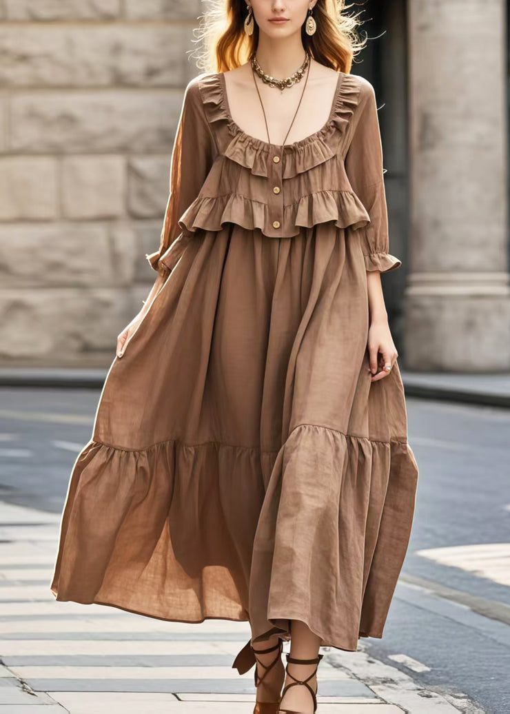 Elegant Brown U Neck Patchwork Ruffles Long Dress Summer