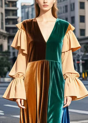 Elegant Brown V Neck Patchwork Silk Velvet Robe Dresses Flare Sleeve