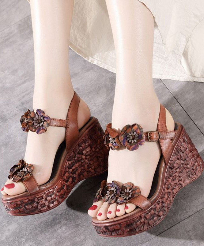 Elegant Buckle Strap Wedge Sandals Brown Cowhide Leather