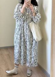 Elegant Button Print Tie Waist Cotton Long Dress Summer