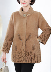 Elegant Camel Nail Bead Mink Velvet Coat Spring