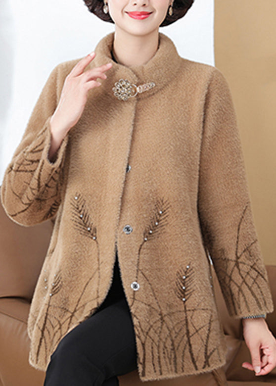 Elegant Camel Nail Bead Mink Velvet Coat Spring