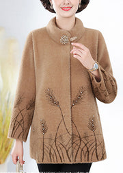 Elegant Camel Nail Bead Mink Velvet Coat Spring