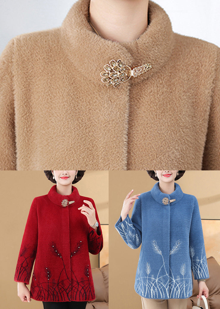 Elegant Camel Nail Bead Mink Velvet Coat Spring