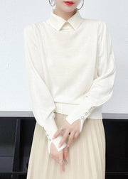 Elegant Camel Peter Pan Collar Woolen Knit Sweater Long Sleeve