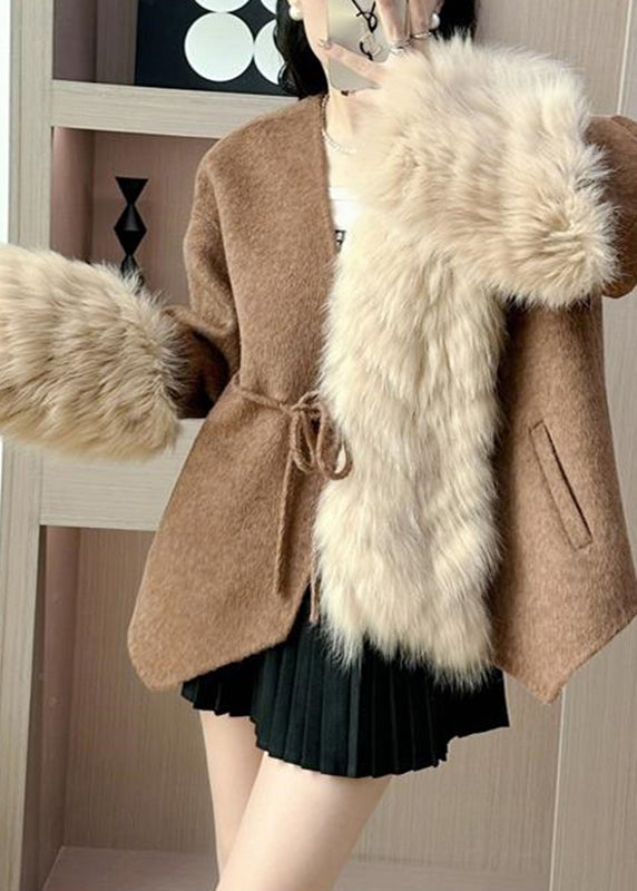 Elegant Caramel Fox Collar Patchwork Tie Waist Woolen Coats Fall