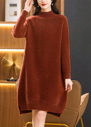 Elegant Caramel Hign Neck Mink Hair Knitwear Sweaters Dress Spring