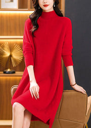 Elegant Caramel Hign Neck Mink Hair Knitwear Sweaters Dress Spring