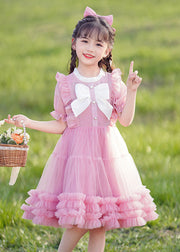 Elegant Champagne Bow Patchwork Button Tulle Girls Long Dress Short Sleeve