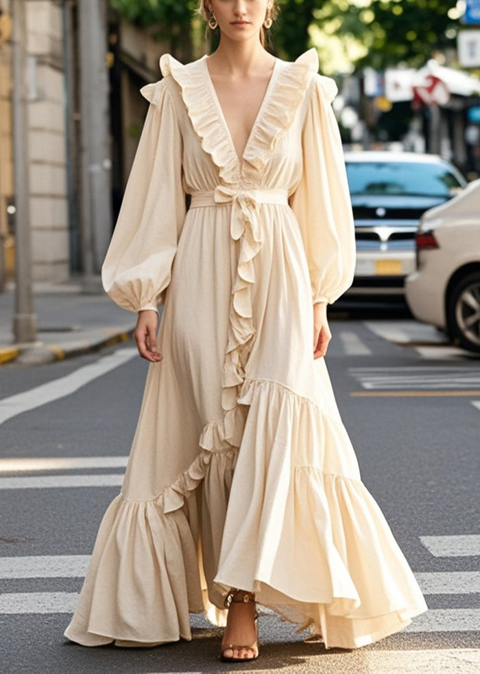 Elegant Champagne Color Ruffled Exra Large Hem Long Dress Spring