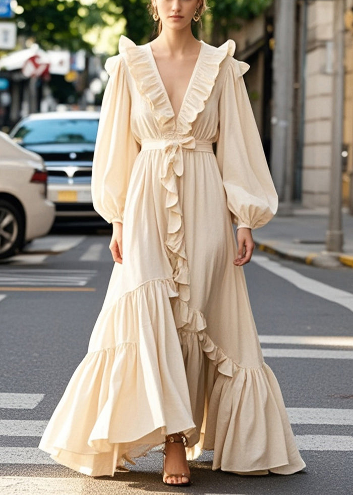 Elegant Champagne Color Ruffled Exra Large Hem Long Dress Fall