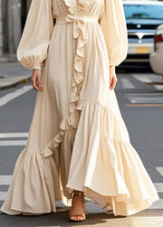 Elegant Champagne Color Ruffled Exra Large Hem Long Dress Spring