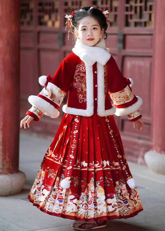 Elegant Champagne Fur Collar Button Kids Coats And Maxi Skirts Two Pieces Set Winter