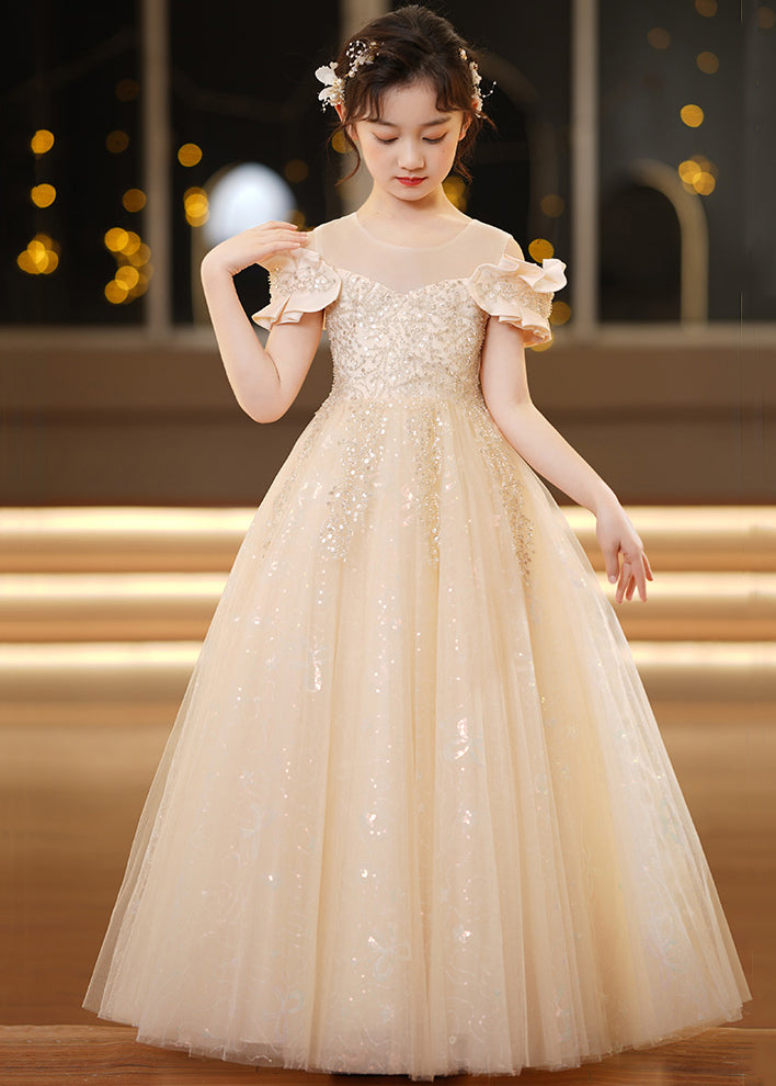 Elegant Champagne O-Neck Sequins Tulle Girls Holiday Dress Summer