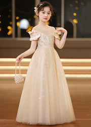 Elegant Champagne O-Neck Sequins Tulle Girls Holiday Dress Summer