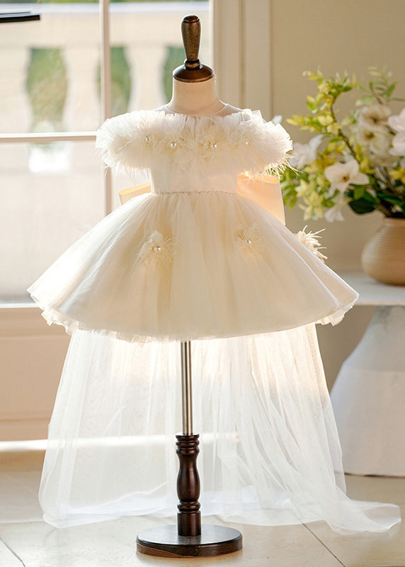 Elegant Champagne Pearl Tulle Kids Maxi Dresses Short Sleeve