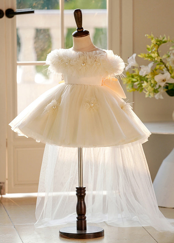 Elegant Champagne Pearl Tulle Kids Maxi Dresses Short Sleeve