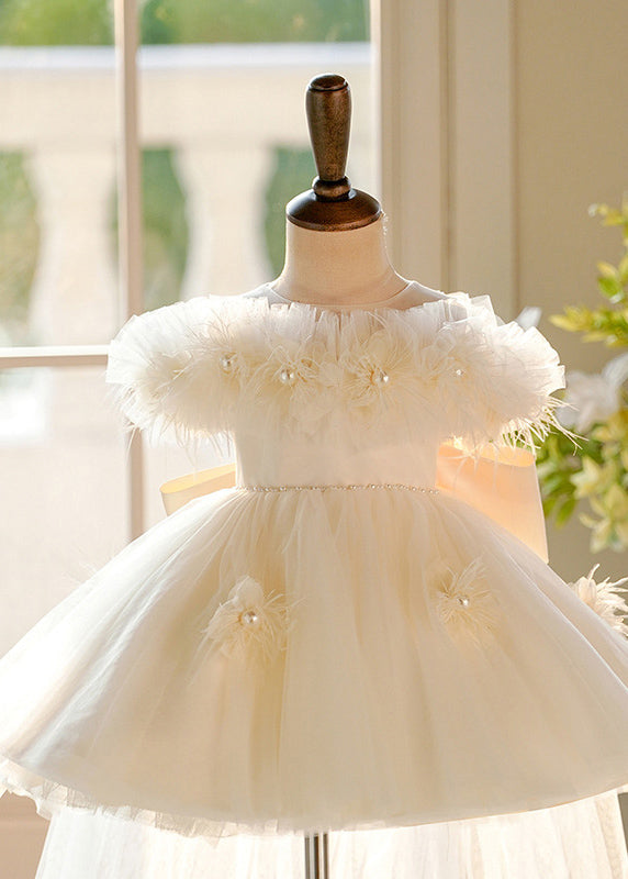 Elegant Champagne Pearl Tulle Kids Maxi Dresses Short Sleeve