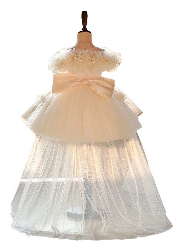 Elegant Champagne Pearl Tulle Kids Maxi Dresses Short Sleeve