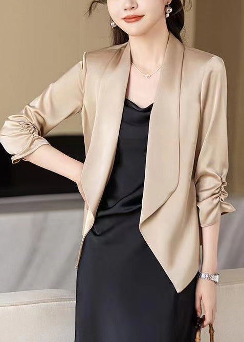 Elegant Champagne Peter Pan Collar Wrinkled Satin Coats Spring