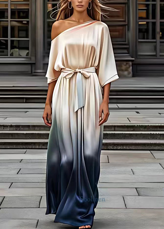 Elegant Champagne Slash Neck Tie Waist Silk Maxi Dresses Half Sleeve