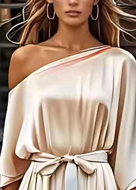 Elegant Champagne Slash Neck Tie Waist Silk Maxi Dresses Half Sleeve