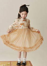 Elegant Champagne Stand Collar Button Tulle Girls Long Dress Spring