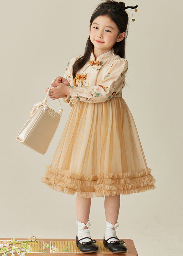 Elegant Champagne Stand Collar Button Tulle Girls Long Dress Spring