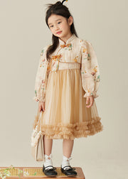 Elegant Champagne Stand Collar Button Tulle Girls Long Dress Spring