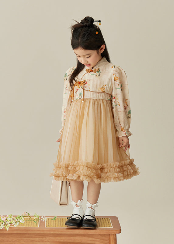 Elegant Champagne Stand Collar Button Tulle Girls Long Dress Spring