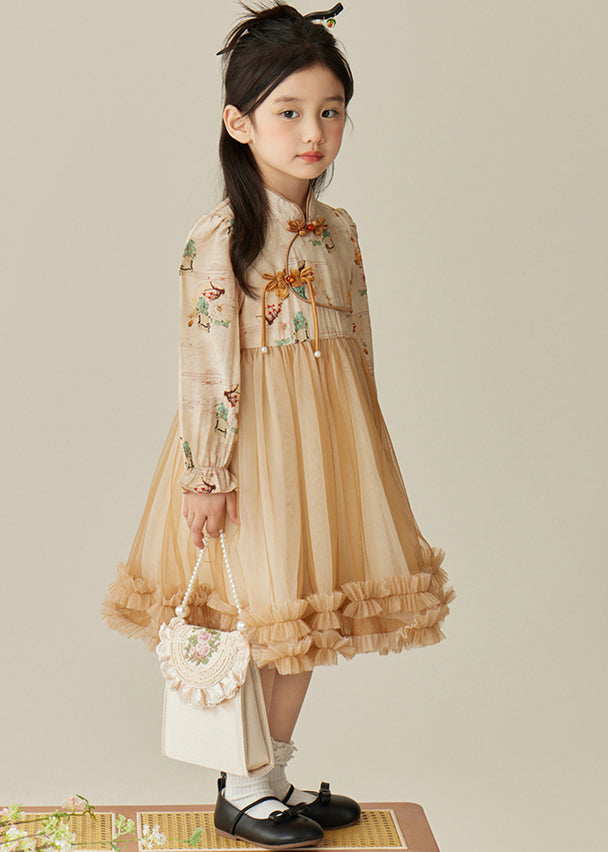 Elegant Champagne Stand Collar Button Tulle Girls Long Dress Spring