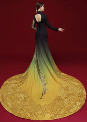 Elegant Chinese Style Black Yellow Embroidered Side Open Silk Dress Long Sleeve