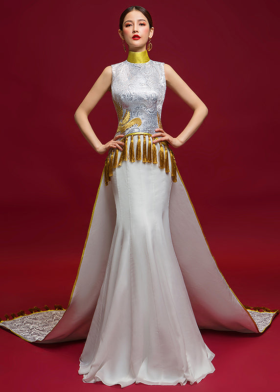 Elegant Chinese Style White Tasseled Embroidered Silk Dresses Sleeveless