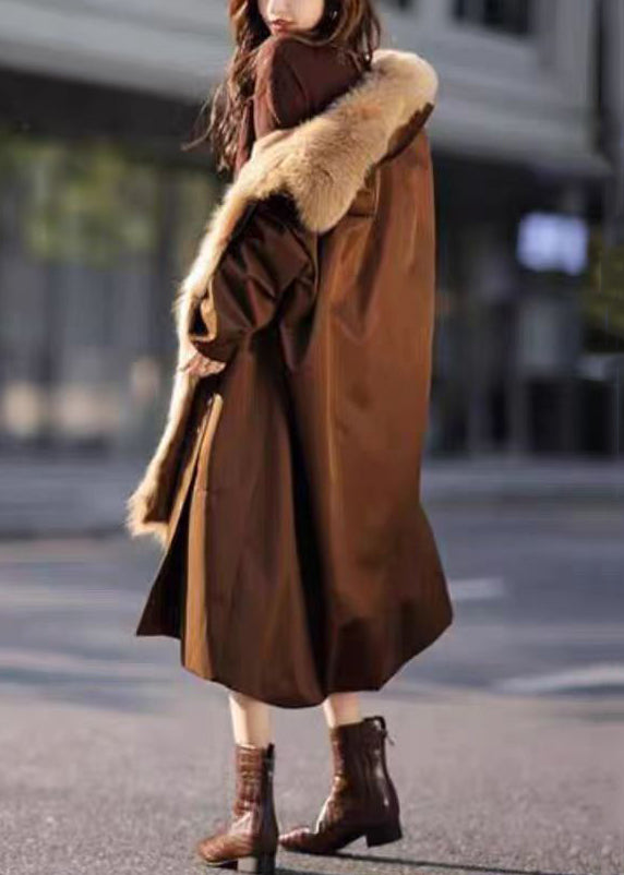 Elegant Chocolate Fur Collar Removable Warm Fleece Long Parkas Winter