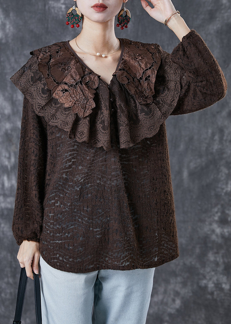 Elegant Chocolate Peter Pan Collar Hollow Out Lace Shirts Spring