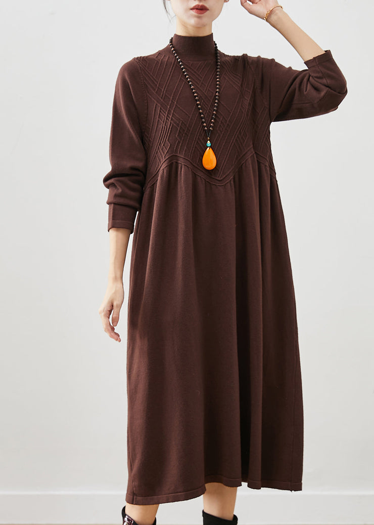 Elegant Chocolate Stand Collar Knit Holiday Dress Spring