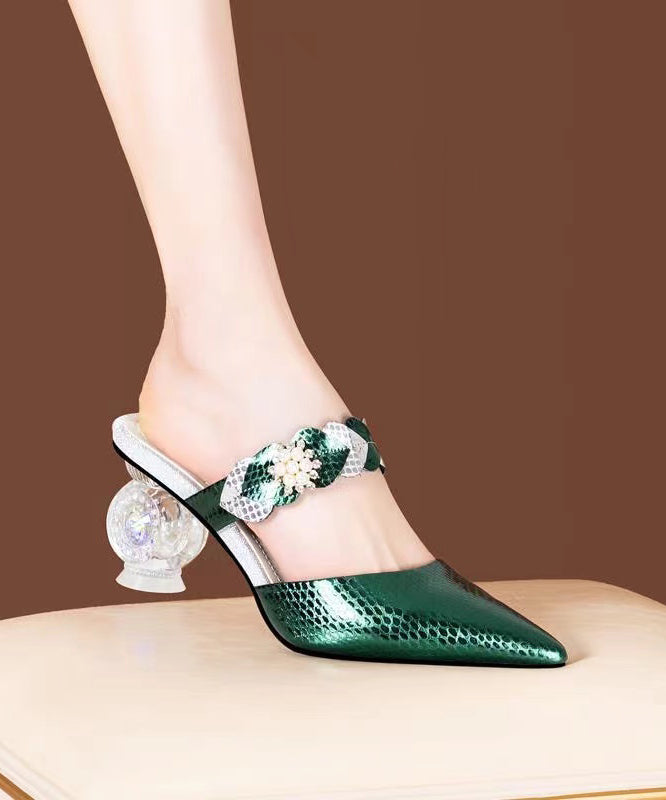 Elegant Chunky Heel Green Zircon Pointed Toe Slide Sandals