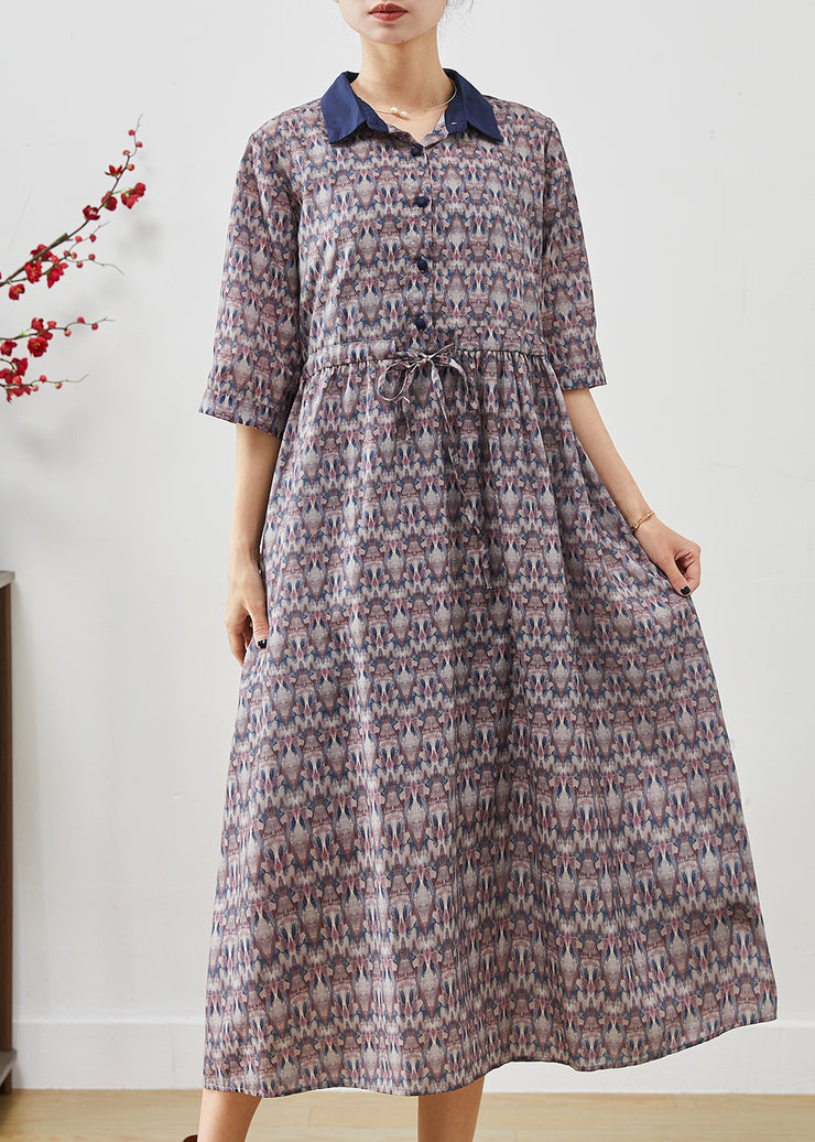 Elegant Cinched Print Cotton Long Dress Half Sleeve