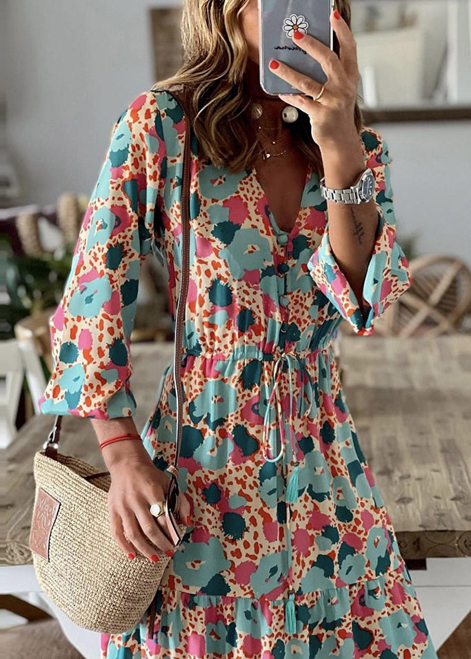 Elegant Cinched Print Exra Large Hem Cotton Ankle Dress Summer