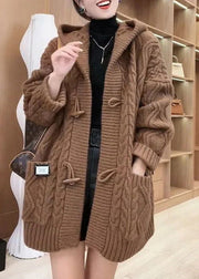 Elegant Chocolate Colour Button Cable Knit Sweaters Coats Fall