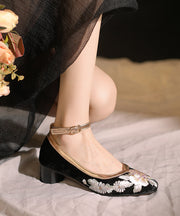 Elegant Coffee Embroidered Buckle Strap Velour Chunky High Heels