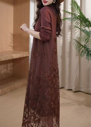 Elegant Coffee Embroidered Patchwork Knit Long Dress Winter