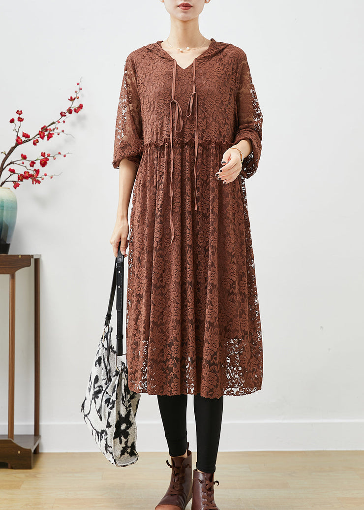 Elegant Coffee Hooded Ruffled Lace Dresses Fall