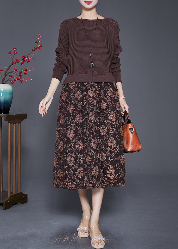 Elegant Coffee Jacquard Patchwork Knit Maxi Dresses Fall