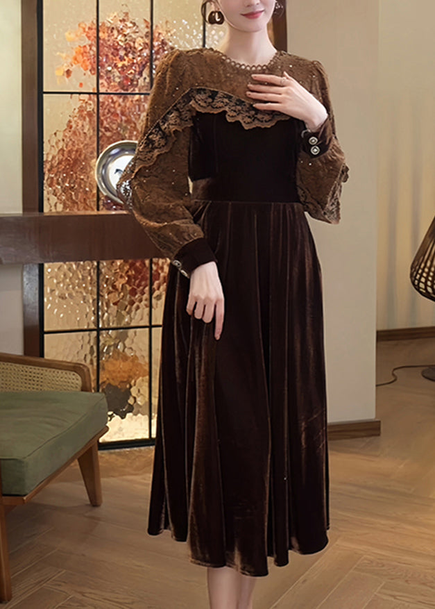 Elegant Coffee Lace Patchwork Silk Velvet Dress Spring