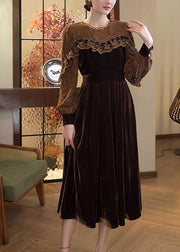 Elegant Coffee Lace Patchwork Silk Velvet Dress Spring