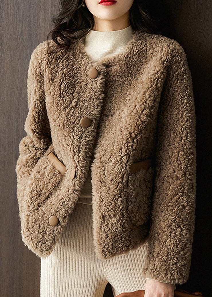 Elegant Chocolate O-Neck Button Faux Fur Coats Fall